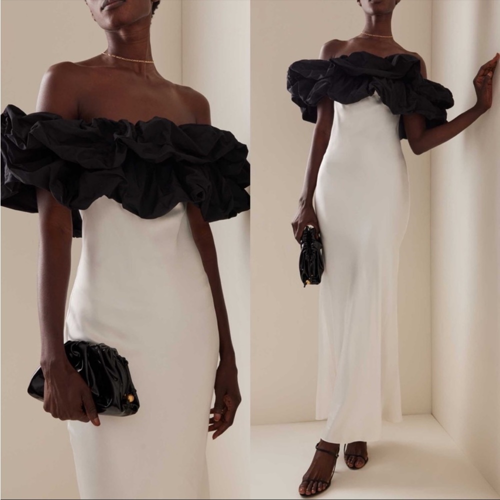 NWT Anna October Black & White Satin Off-The-Shoulder Maxi Dress Size M